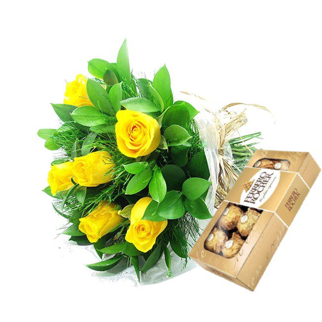 Buquê com 6 rosas e ferrero 8 unidades – Gi FLORES